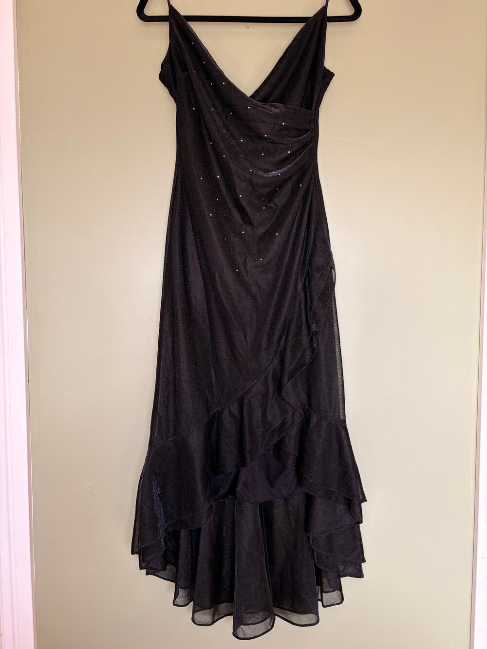 Vintage Kiki Y2K Gothic Fairy Black Low Back Rhinestone Draped Handkerchief Hem
